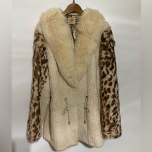 Vintage Ameri Mode Genuine Rabbit Fur Coat with raccoon fur
